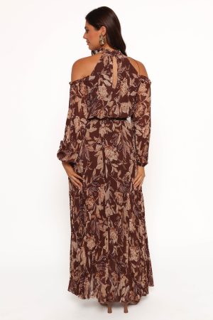 Hilary Pleated Maxi Dress – Brown Floral