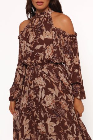 Hilary Pleated Maxi Dress – Brown Floral