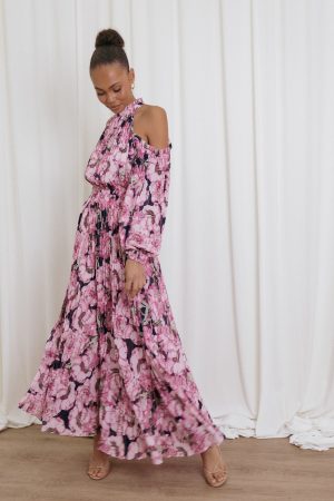 Hilary Pleated Maxi Dress – Pink Floral