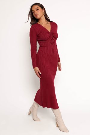 Irene Long Sleeve Midi Dress – Wine