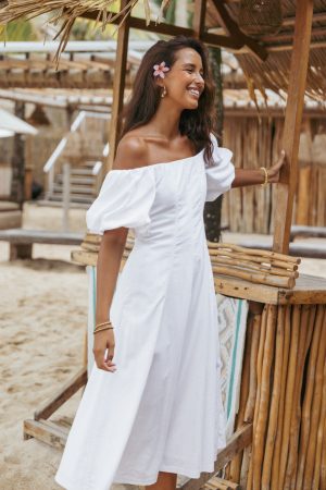 Jensen Off Shoulder Midi Dress – Ivory