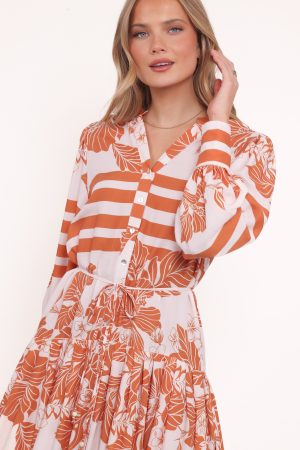 Jules Long Sleeve Dress – White/Orange