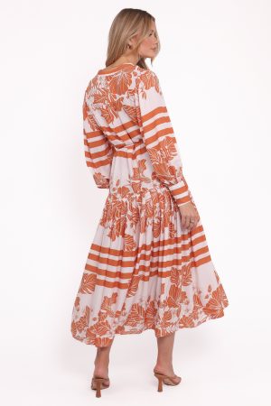 Jules Long Sleeve Dress – White/Orange