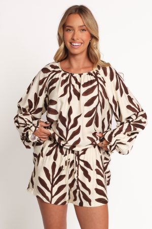 July Long Sleeve Smock Top – Brown Palm