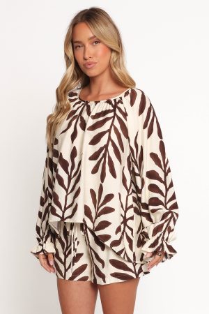 July Long Sleeve Smock Top – Brown Palm