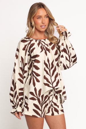 July Long Sleeve Smock Top – Brown Palm