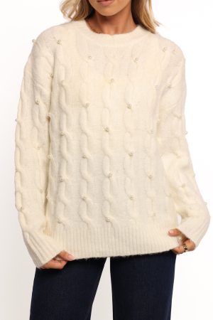 Kalai Cable Knit Pearl Detail Knit Sweater – Cream