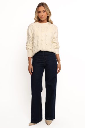 Kalai Cable Knit Pearl Detail Knit Sweater – Cream