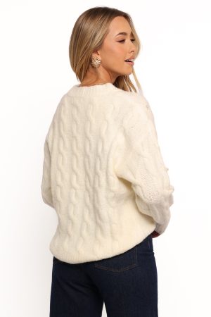 Kalai Cable Knit Pearl Detail Knit Sweater – Cream