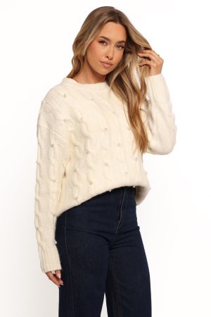 Kalai Cable Knit Pearl Detail Knit Sweater – Cream