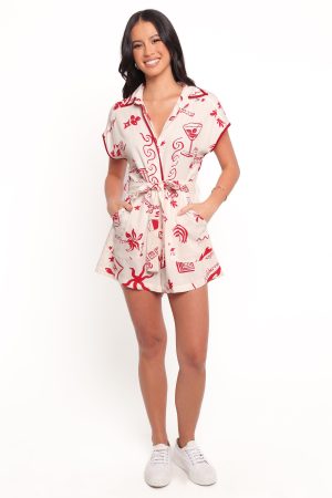 Kensie Tie Waist Romper – Red