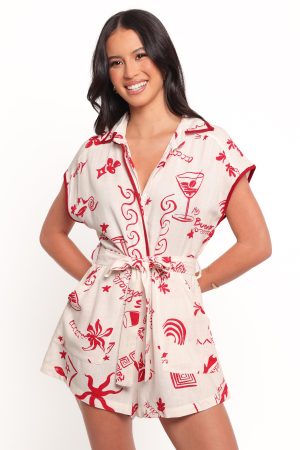 Kensie Tie Waist Romper – Red