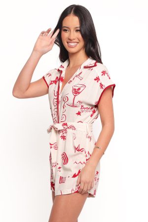 Kensie Tie Waist Romper – Red