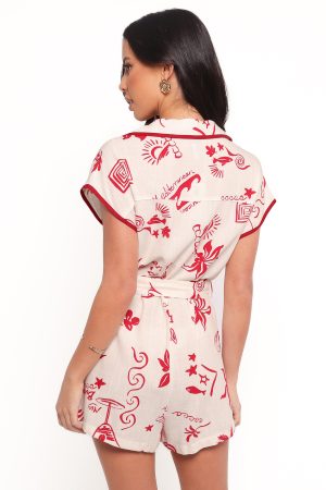 Kensie Tie Waist Romper – Red