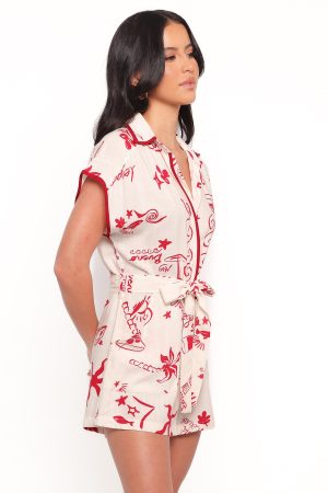 Kensie Tie Waist Romper – Red