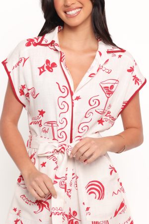 Kensie Tie Waist Romper – Red