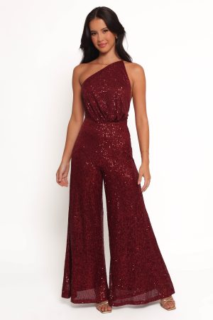 Khianna Sequin One Shoulder Jumpsuit – Red