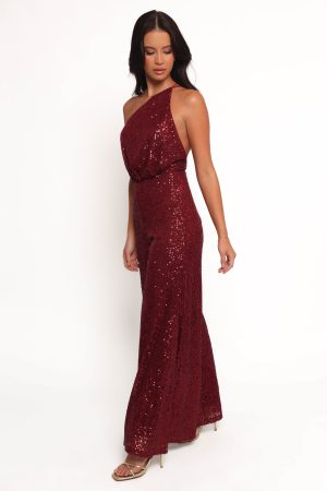 Khianna Sequin One Shoulder Jumpsuit – Red