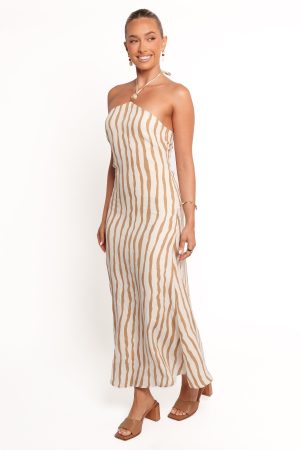 Kim Halter Maxi Dress – Tan Stripe