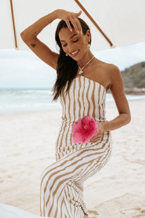 Kim Halter Maxi Dress – Tan Stripe