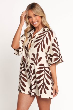 Kiya Drop Waist Playsuit – Brown Palm