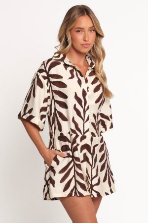 Kiya Drop Waist Playsuit – Brown Palm