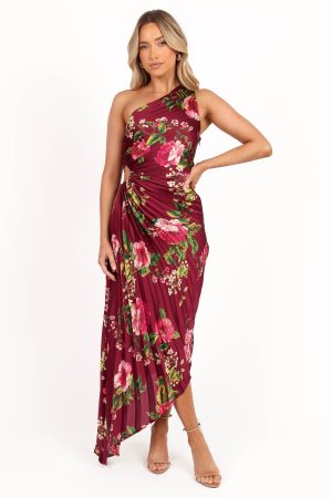 Kleo One Shoulder Maxi Dress – Burgundy Floral