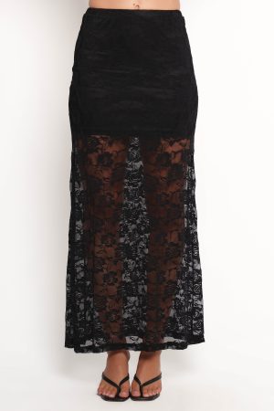 Laken Sheer Lace Maxi Skirt – Black