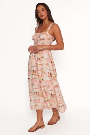 Laurette Midi Dress – Tan Print