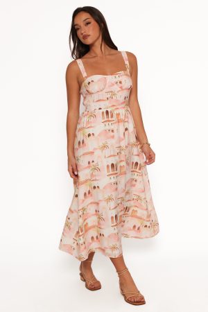 Laurette Midi Dress – Tan Print