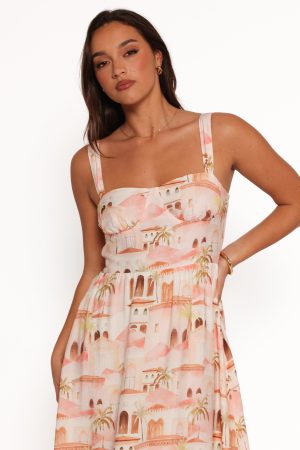 Laurette Midi Dress – Tan Print