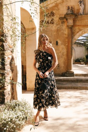 Layley One Shoulder Maxi Dress – Black Floral