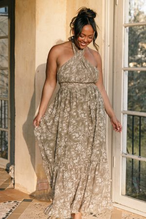Lennon Halterneck Maxi Dress – Olive Floral