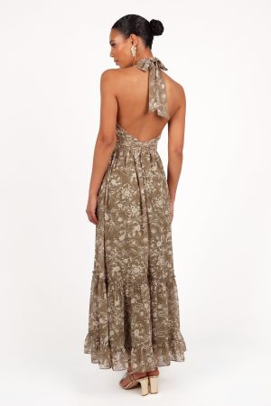 Lennon Halterneck Maxi Dress – Olive Floral