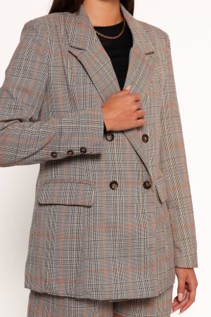 Lesia Double Button Fitted Plaid Blazer – Taupe Multi