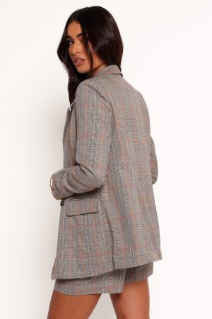 Lesia Double Button Fitted Plaid Blazer – Taupe Multi