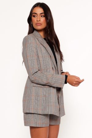 Lesia Double Button Fitted Plaid Blazer – Taupe Multi