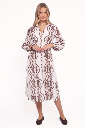Lira Long Sleeve Midi Dress – Brown Print
