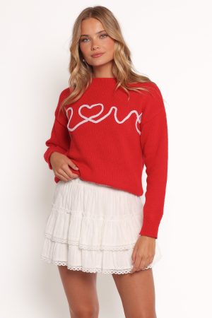 Love Embroidered Knit Sweater – Red