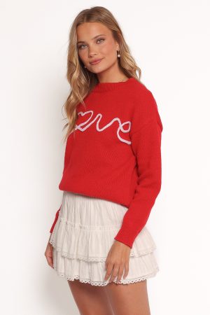 Love Embroidered Knit Sweater – Red