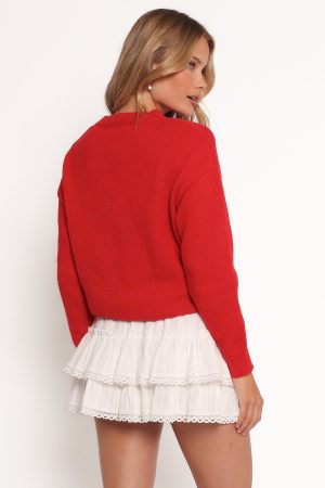 Love Embroidered Knit Sweater – Red
