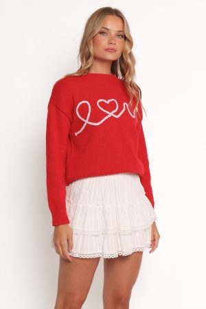 Love Embroidered Knit Sweater – Red