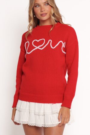 Love Embroidered Knit Sweater – Red
