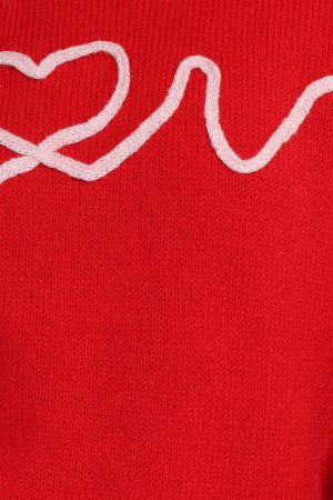 Love Embroidered Knit Sweater – Red