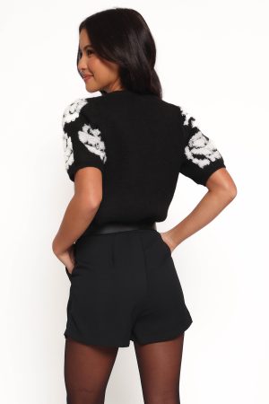 Lumara Texture Flower Short Sleeve Sweater – Black