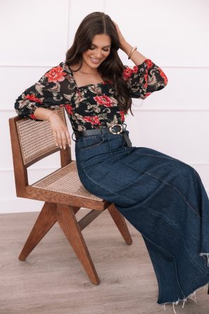 Maia Long Sleeve Top – Black Floral