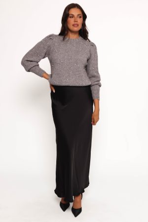 Makena Pearl Detail Knit Sweater – Heather Grey