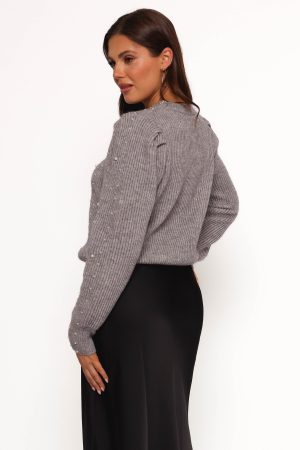 Makena Pearl Detail Knit Sweater – Heather Grey