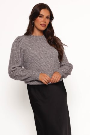 Makena Pearl Detail Knit Sweater – Heather Grey