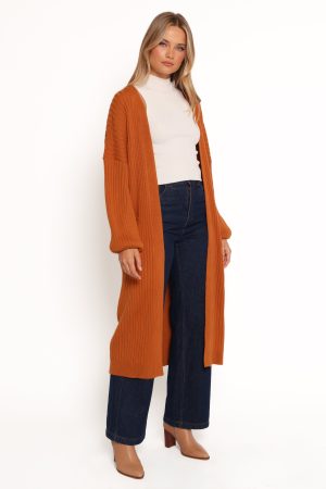 Makenna Long Open Front Cardigan – Rust